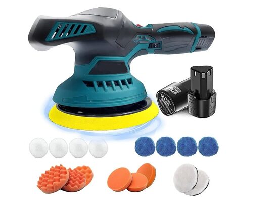 Akumuliatorinė poliravimo mašinėlė + akumuliatoriai, 2 vnt, 12 V + priedai